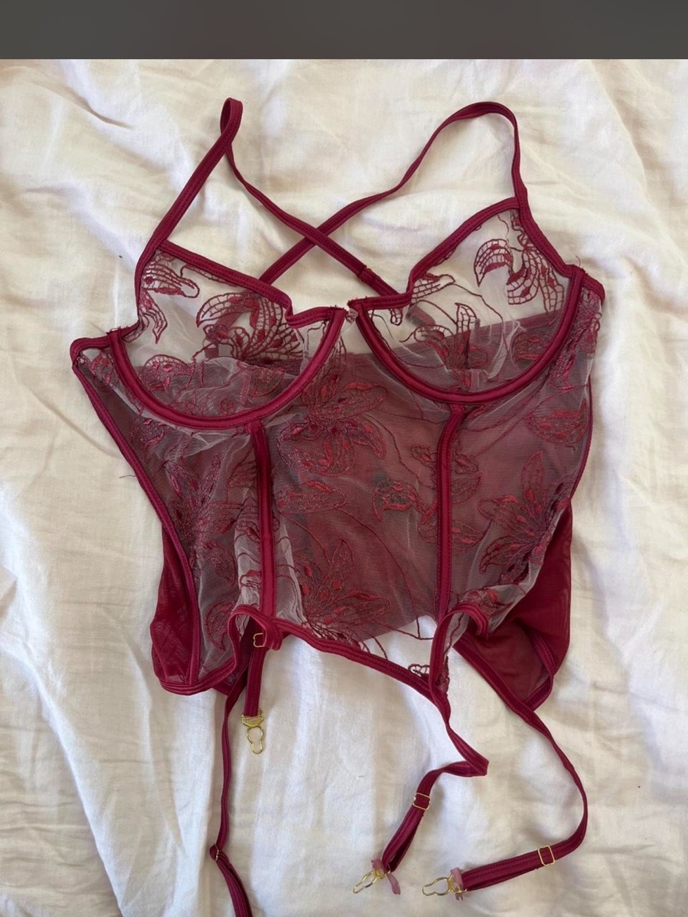 Vintage 90’s Y2K Embroidered Burgundy Lace Bustier with Garter Straps